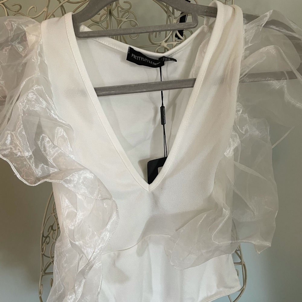 White Organza Plunge Bodysuit